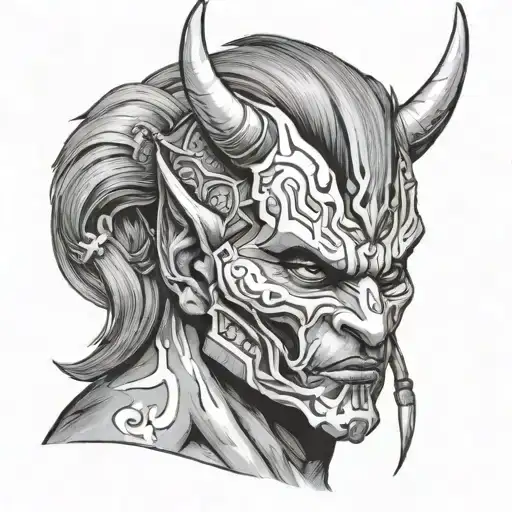 A Black-grey Portrait Of A Character From A Favorite Video Game With An Oni Mask Overlay