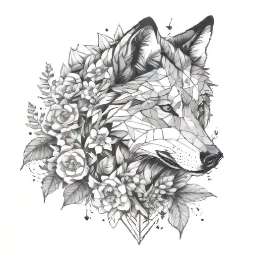A Geometric Wolf Surrounded By Various Flowers And Leaves