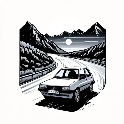 Very Small Peugeot 205 On A Road Heading Towards Big Mountains With Sunset