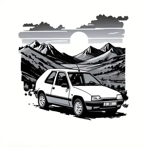 Very Small Peugeot 205 On A Road Heading Towards Big Mountains With Sunset
