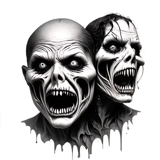 Surreal Art With Two Scary Faces Black And Grey Surreal Art