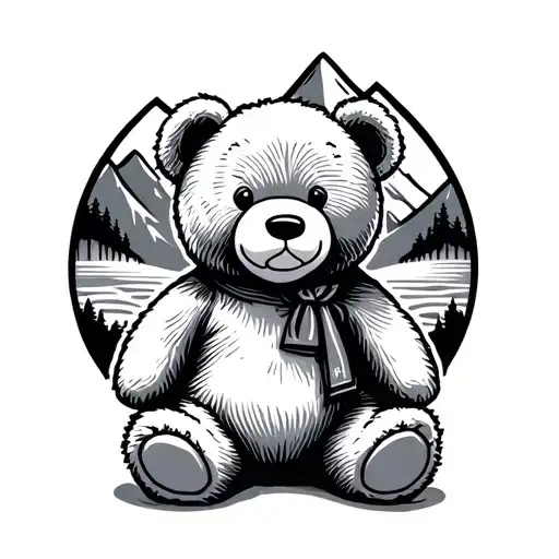 Teddy Bear In Front Of The Mountains