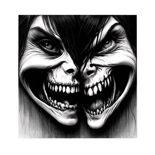 Surreal Art With Two Scary Faces Black And Grey Surreal Art