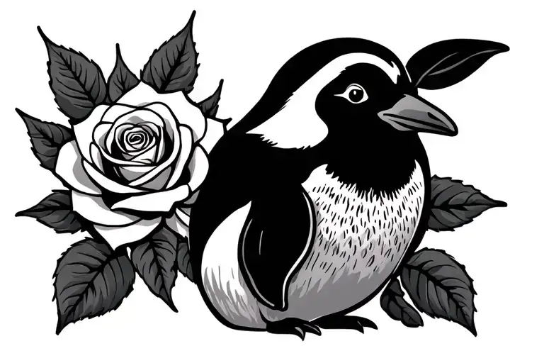 Penguin With A Rose Intertwined