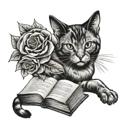 Cat With A Book And Roses Blooming