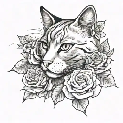 Cat With Roses Blooming