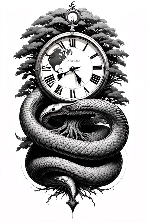 Clock With The World Tree And Ouroboros Snake Wrapped