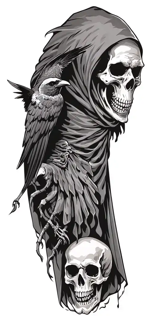 Grim Reaper With Crow Flying And Skull