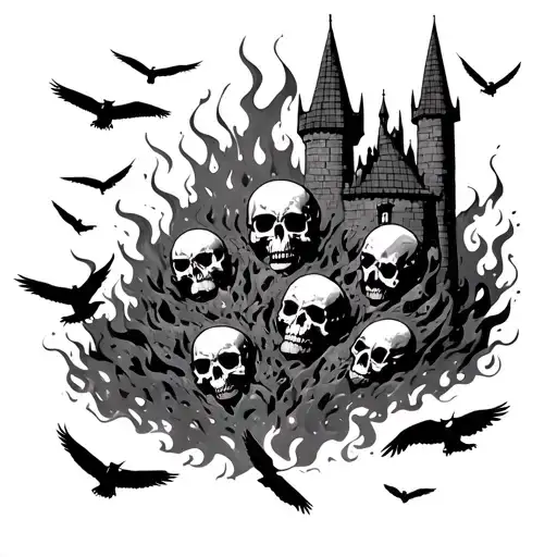 Meteors Shaped As Skulls On Fire Crashing Down Onto A Castle Surrounded By Ravens Flying Away