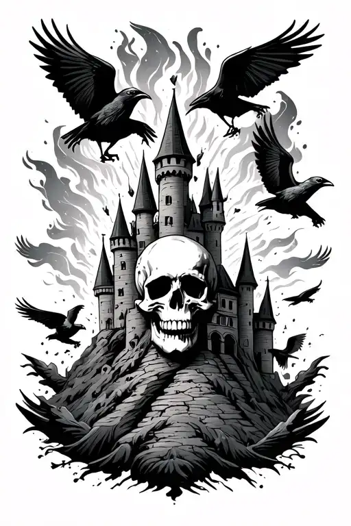 Meteors Shaped As Skulls On Fire Crashing Down Onto A Castle Surrounded By Ravens Flying Away