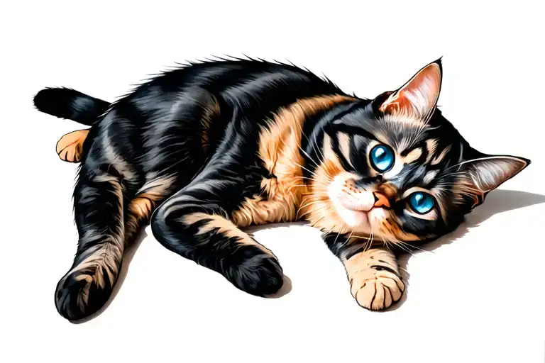 Black And Beige Cat With Blue Eyes Lies On Its Back