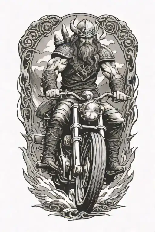 Create A Scene Of A Fierce Viking Warrior Riding A Chopper Into Battle