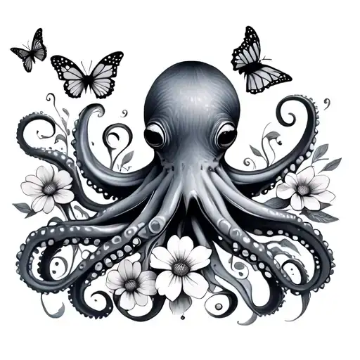 Octopus With Flowers And Butterflies Forming The Shape