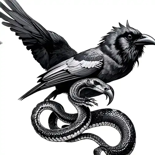 Can You Draw A Sketch Of A Black And White Tattoosnake Strangling A Crow