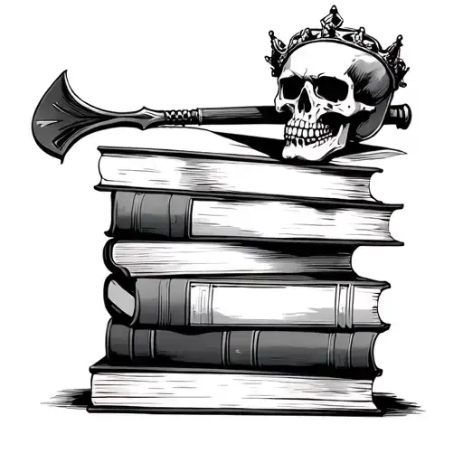 Stack Of 8 Books With A Skull With A Crown On Top With A Spade