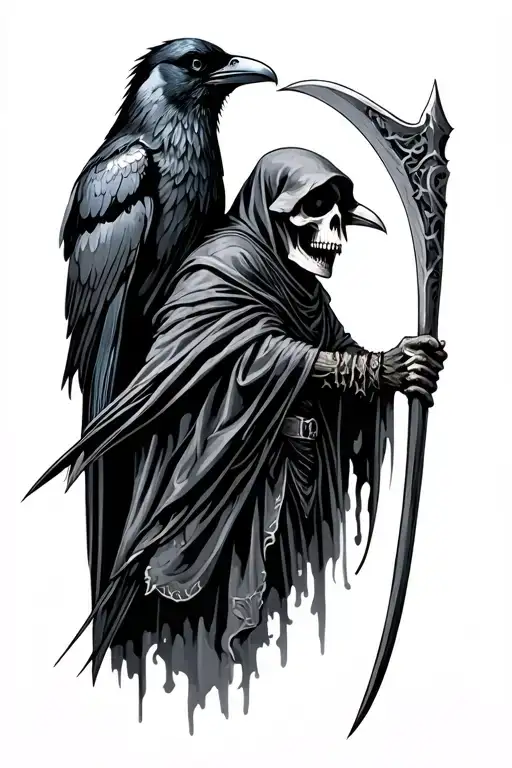 Crow And Grim Reaper Holding A Scythe
