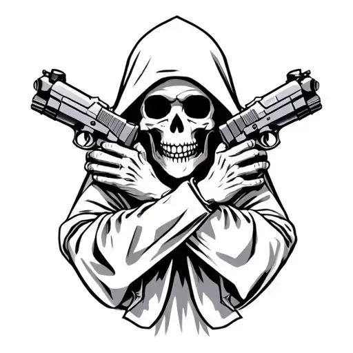 Hooded Skeleton Holding Two Pistols With Silencers In Crossed Hands In Nun's Clothes
