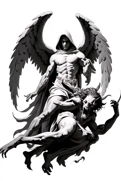 Hooded Arch Angel Defeating A Demon
