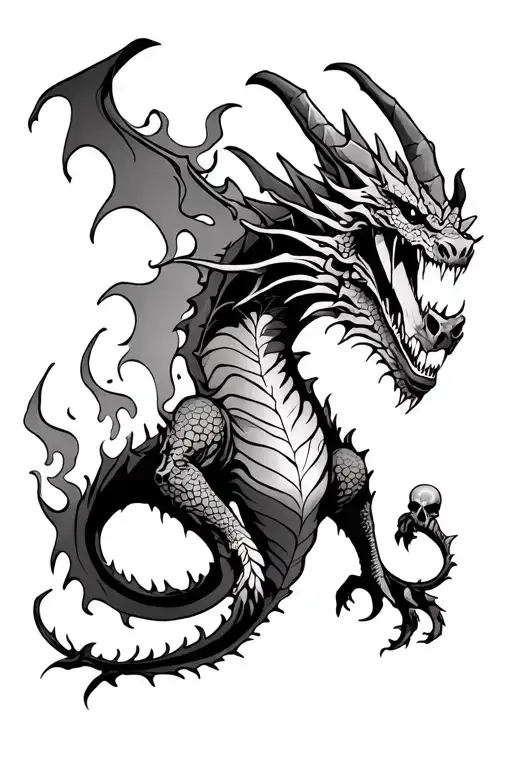Scary Dragon With Skulls And Flames