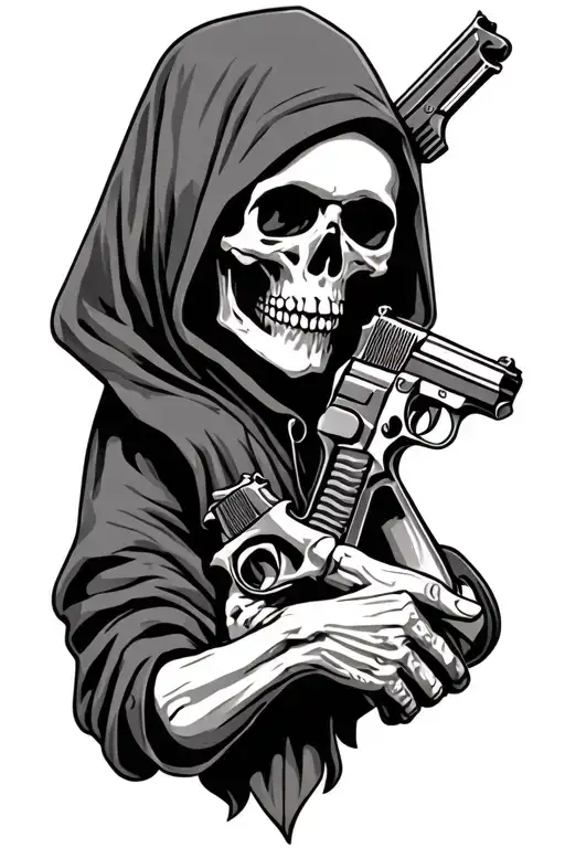 A Hooded Skeleton Holds Two Silent Pistols In His Crossed Hands