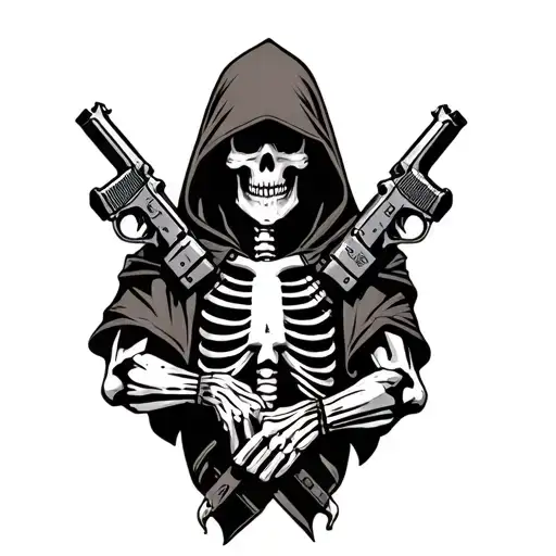 A Skeleton In An Assassin's Hood With Pistols Crossed In His Hands