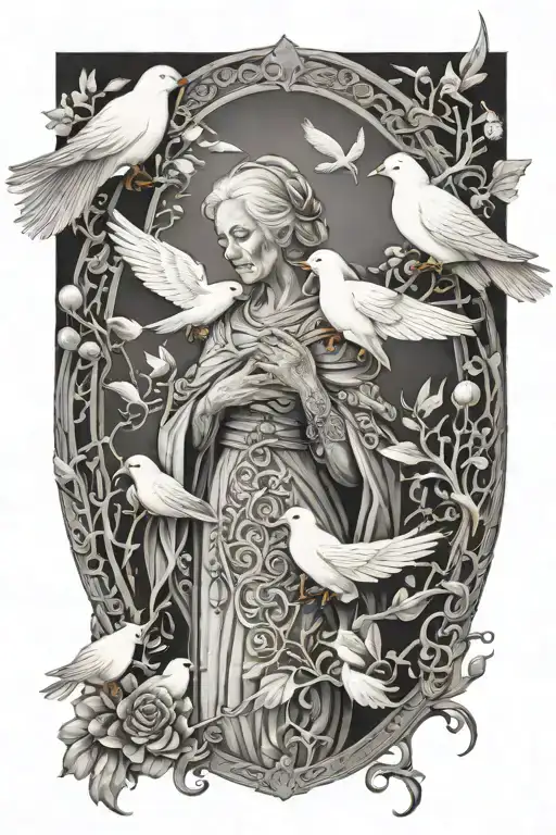 Beautiful Grandmother With White Birds In Heaven Gates