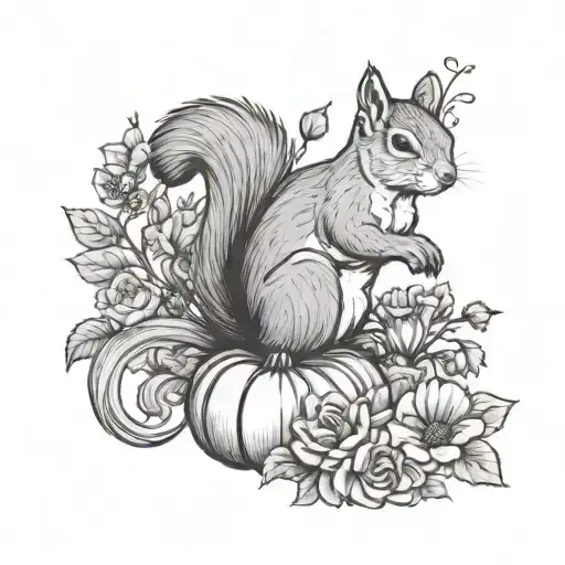 Squirrel In Flowers With Pumpkin