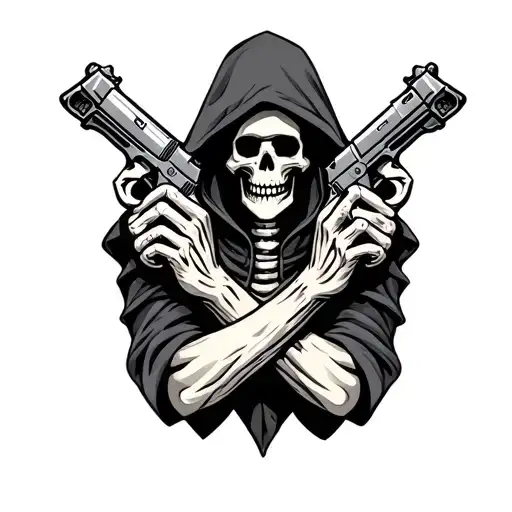 A Hooded Skeleton With Pistols Crossed In His Hands