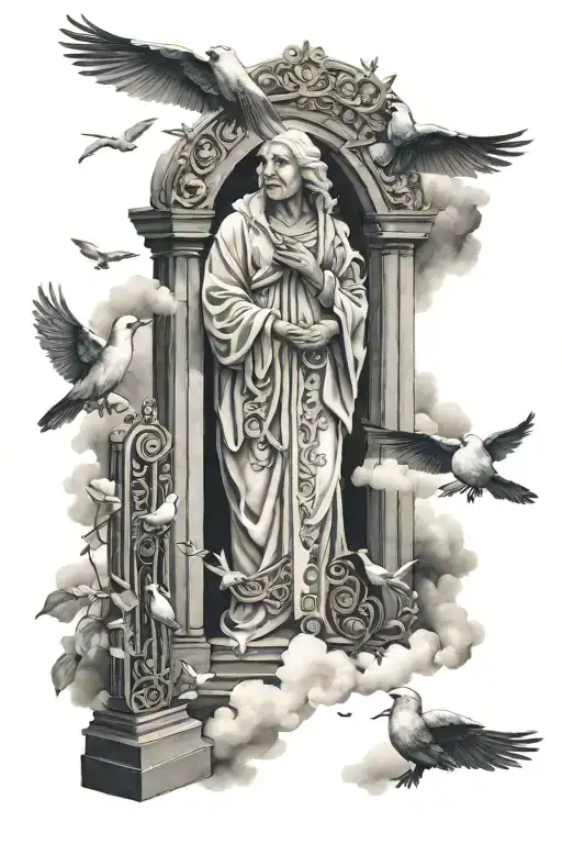 Grandmother In Heaven Gates With White Birds