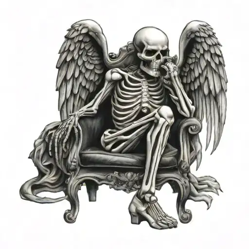 Skeleton Sitting On A 3 Legged Chair With Angel Wings And His Hand Under His Chin
