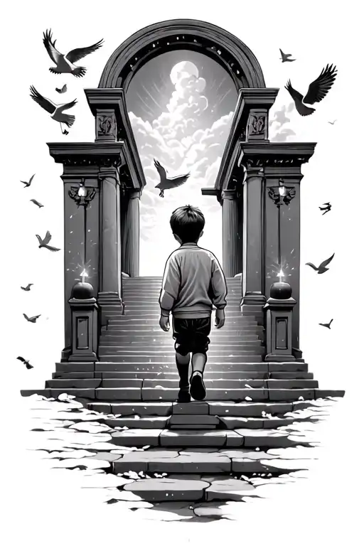 Little Boy Walking Up A Staircase To Heaven Gates Doves Flying And Lights