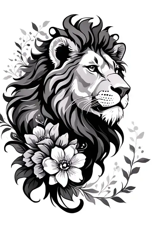 Lion With Flowers Surrounding