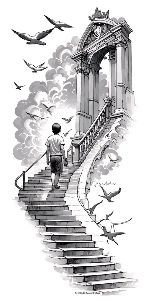 Little Boy Walking Up A Staircase To Heaven Gates Doves Flying And Lights And Sharks And A Heartbeat