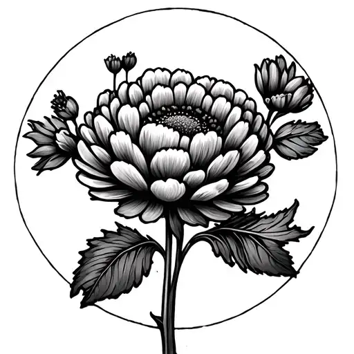 Marigold Flower In A Circle Surrounding A Country Landscape