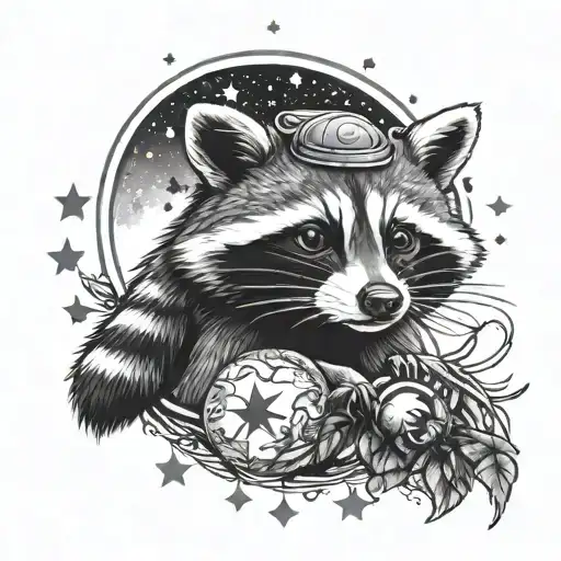 Realistic Raccoon With Stars Moon And Planet