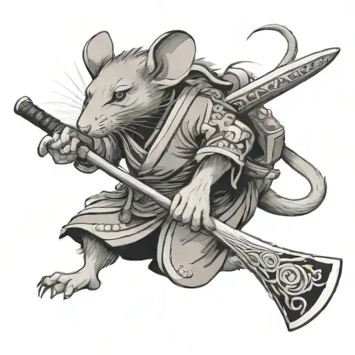Aggressive Rat Samurai In A Kimono And An Axe On The End Of His Tail