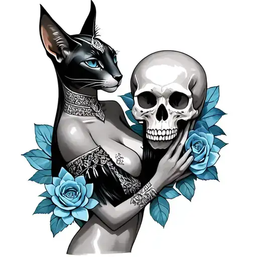 Bastet Goddess Holding A Skull With Blue Lotus And Roses