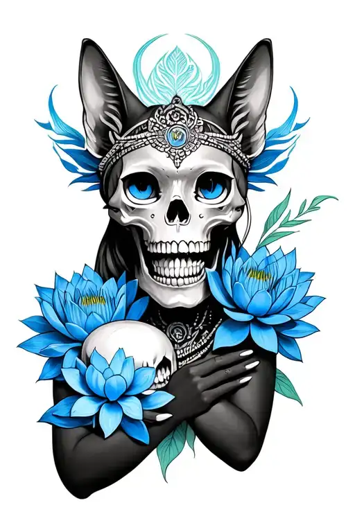 Bastet Goddess Holding A Skull With Blue Lotus Flowers