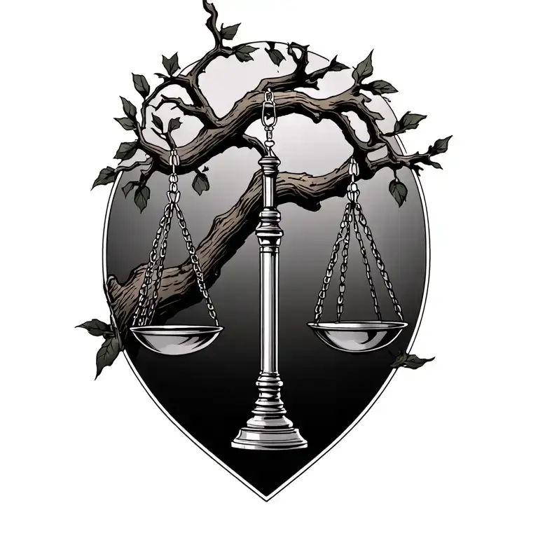 Scale Of Justice Incorporating A Tree Branch