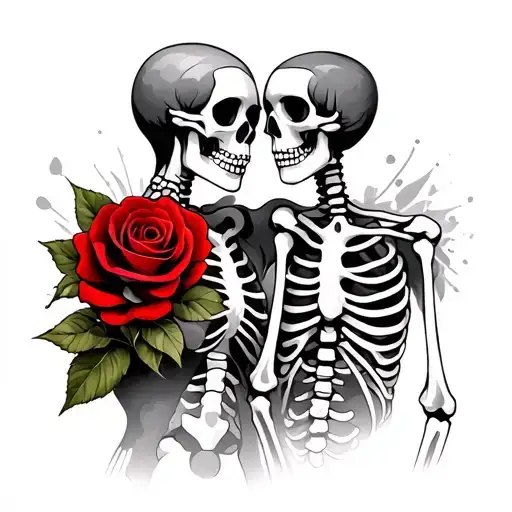 Skeleton Lovers With Red Rose