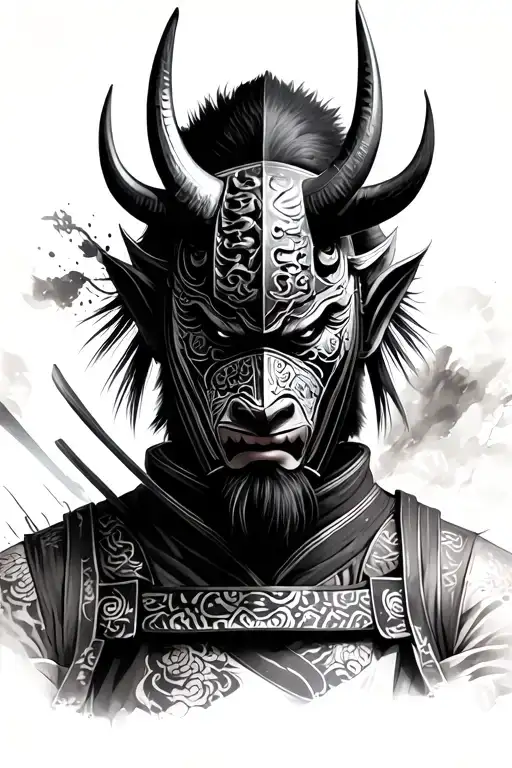 Photo Realistic Ronin Samurai With An Oni Mask With Head Bowed