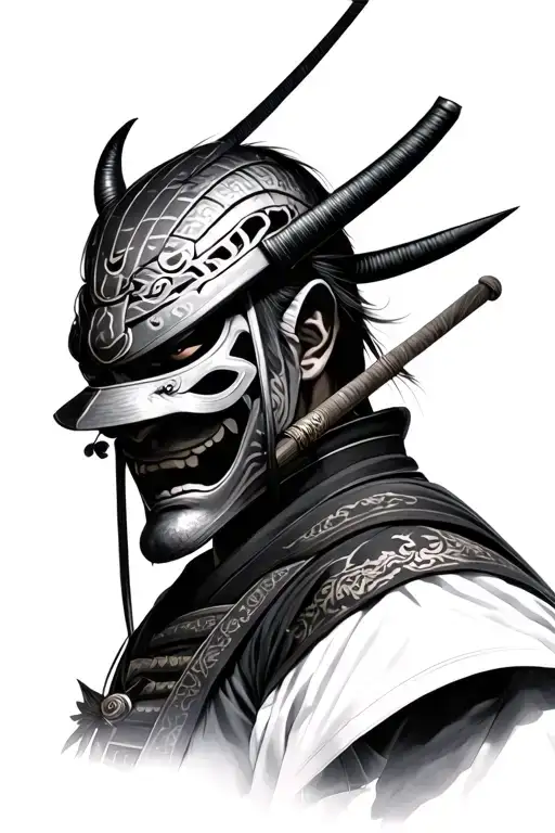 Photo Realistic Ronin Samurai With An Oni Mask With Head Bowed