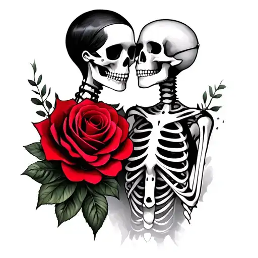 Skeleton Lovers With Red Rose