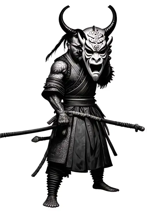 Photo Realistic Ronin Samurai Holding An Oni Mask With Head Bowed