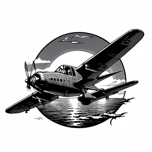 A Black-grey Tattoo Design Of A Vintage Aircraft Flying Over A Serene Ocean Sunset