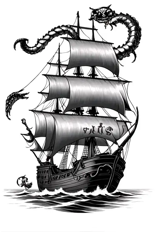 Pirate Ship Fighting Off A Kracken Arm