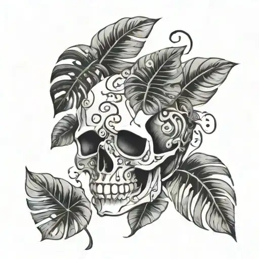 Skull With Monstera Leaves And Vines Growing