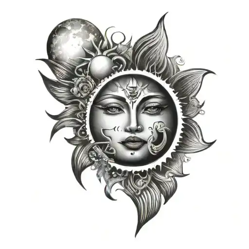 Face Tattoo With Moon And Sun