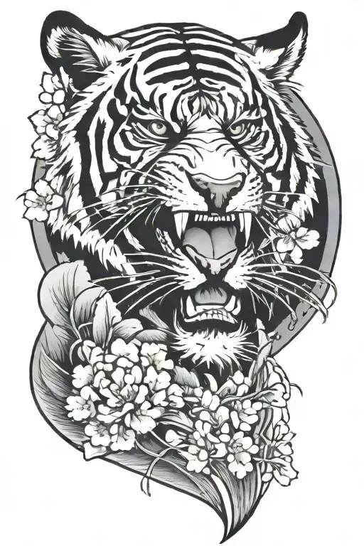 Tiger Head On Samurai Warrior With Cherry Blossom Background