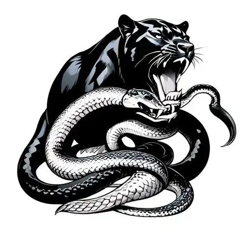 Black Panther Biting A Snake Slithering